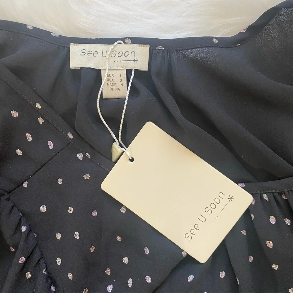 NWT See U Soon Anthropologie Tunic Top Black long Pillow Sleeve Dots Size Small - Picture 4 of 4